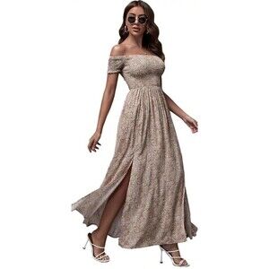 Maxi Dress Medium Floral Cottage Core Smocked Boho Ditsy Off Shoulder Split Long